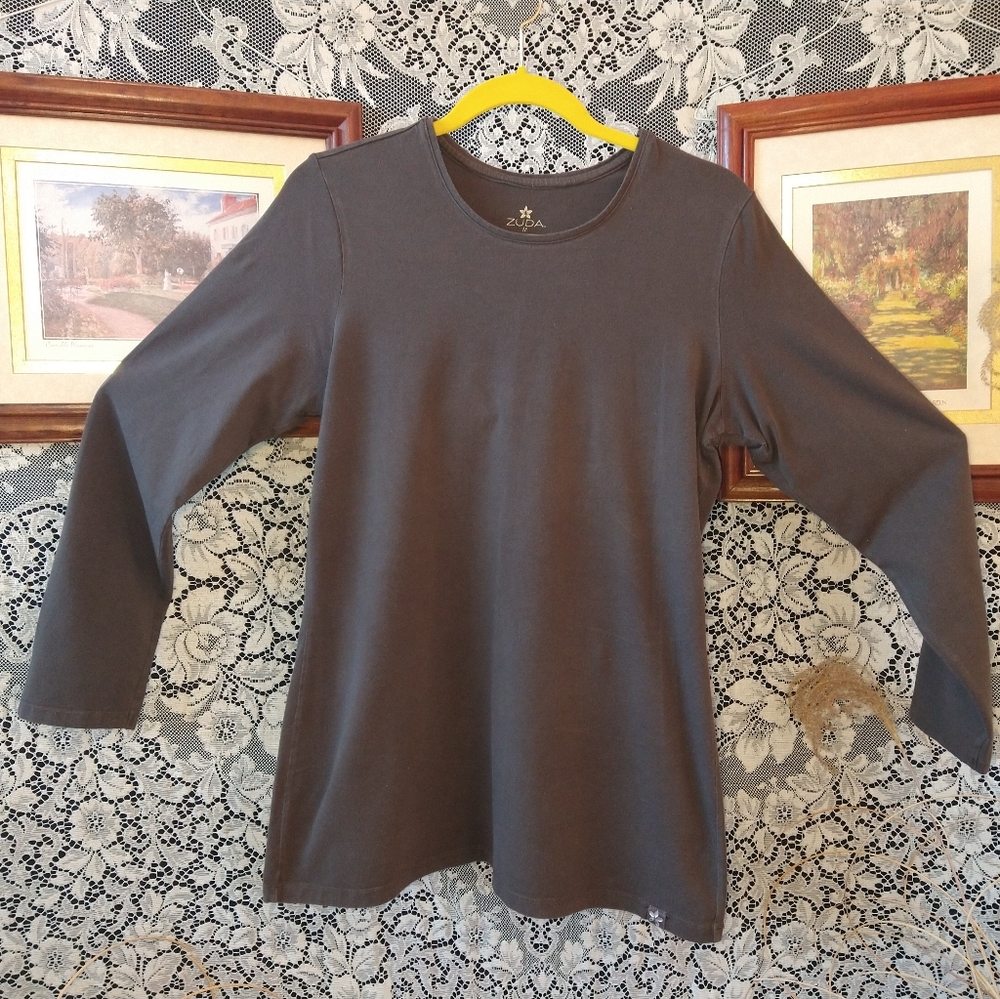 Zuda dark brown long sleeve t shirt crew neck lounge wear pima cotton loose fit